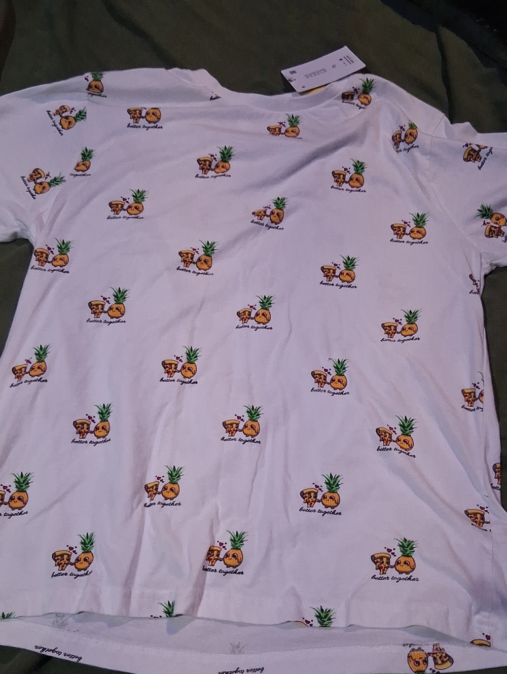 Denim & Flower White Tee with Pineapple and Pizza Pattern